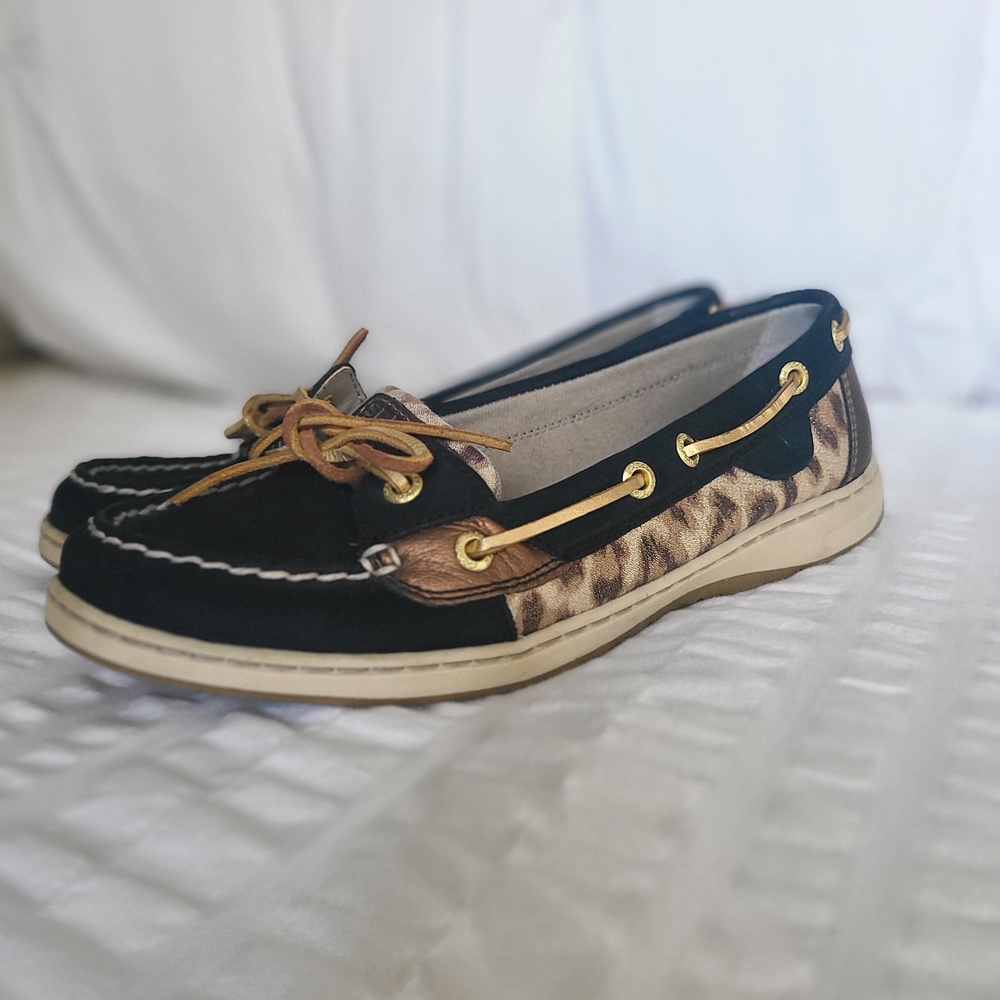 Sperry Black and Animal Print Flats